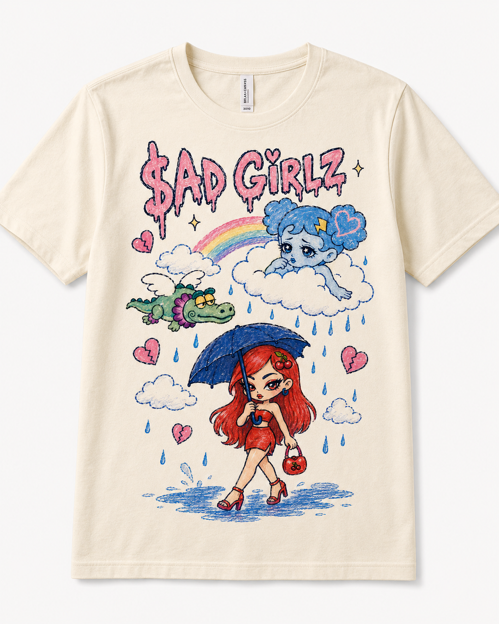 Sad Girlz Regional Mexican Music Graphic Tee – Y2K Hand-Drawn Rainy Heartbreak Shirt
