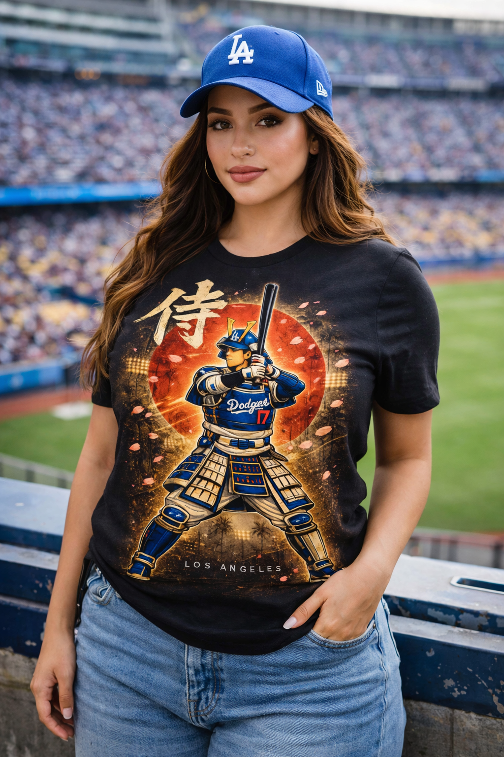 Woman wearing a black t-shirt with a ohtani graphic design at a baseball stadium