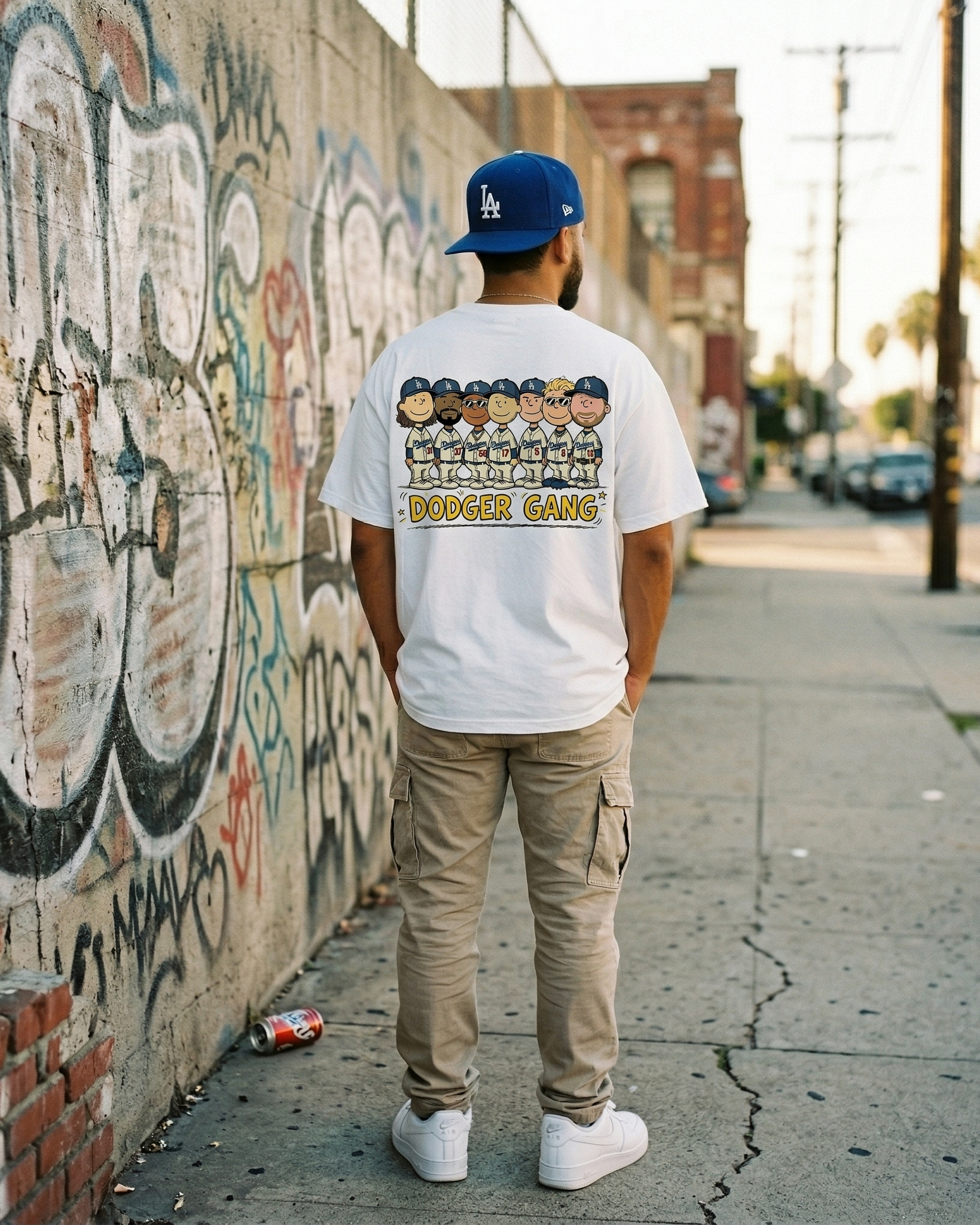Person wearing a white t-shirt with 'Dodger Gang' design, standing against a graffiti-covered wall.