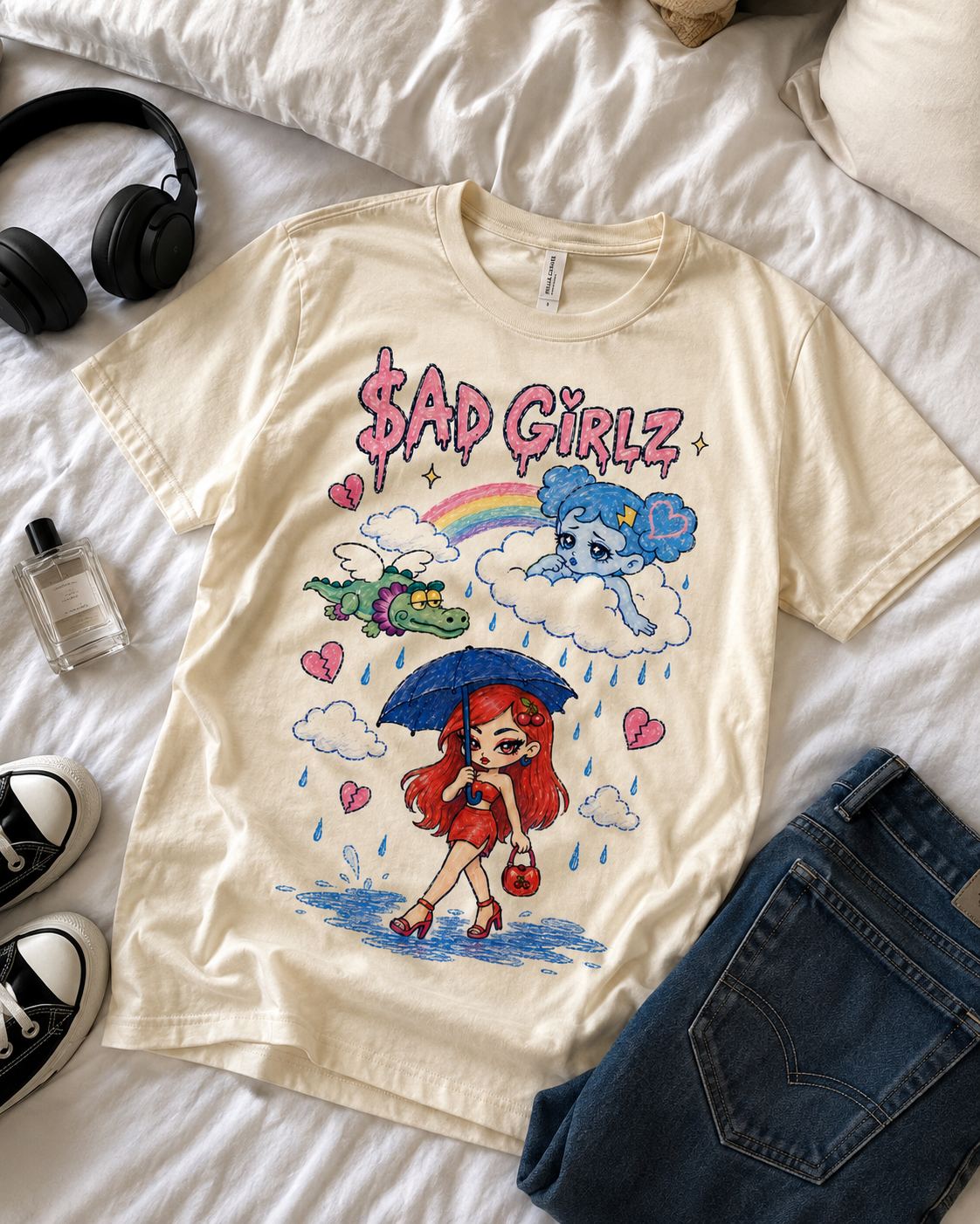Sad Girlz Regional Mexican Music Graphic Tee – Y2K Hand-Drawn Rainy Heartbreak Shirt