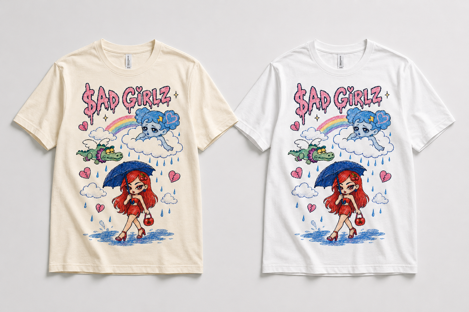 Sad Girlz Regional Mexican Music Graphic Tee – Y2K Hand-Drawn Rainy Heartbreak Shirt