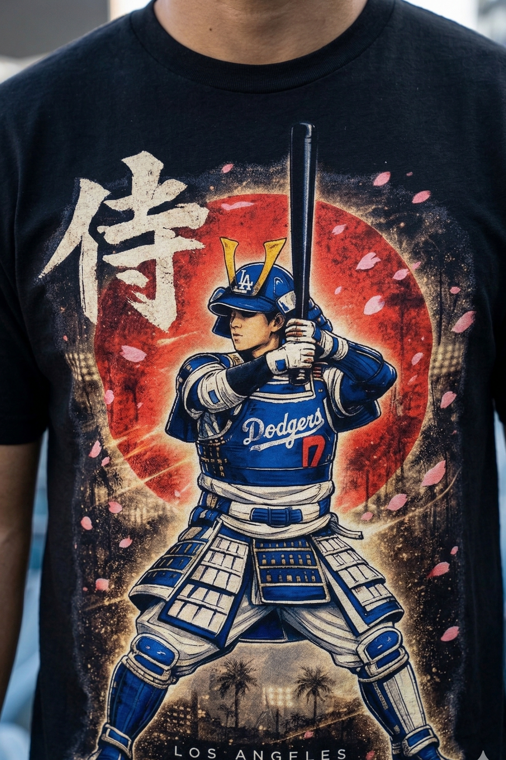 T-shirt with a graphic of a samurai in Los Angeles Dodgers uniform against a red moon and cherry blossom background.