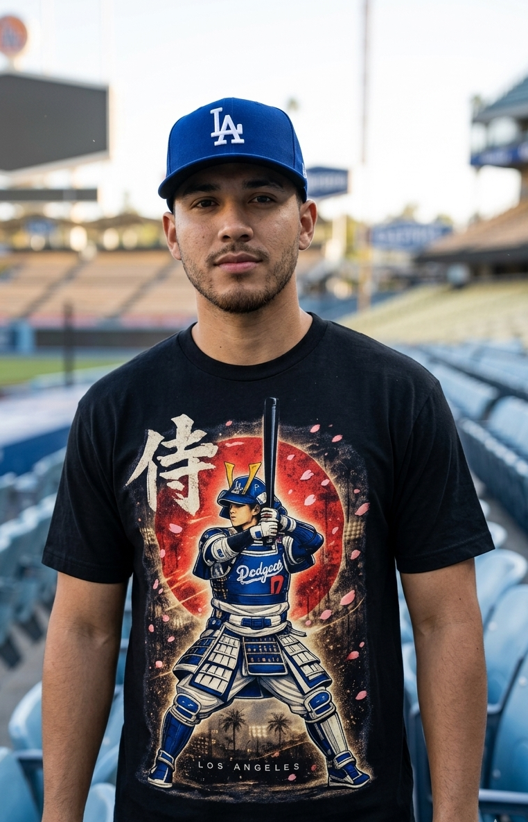 Person wearing a black t-shirt with a graphic design and a blue cap in an outdoor stadium setting